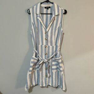 Glamour Blue Stripe Linen Blend Sleeveless Short Dress 12